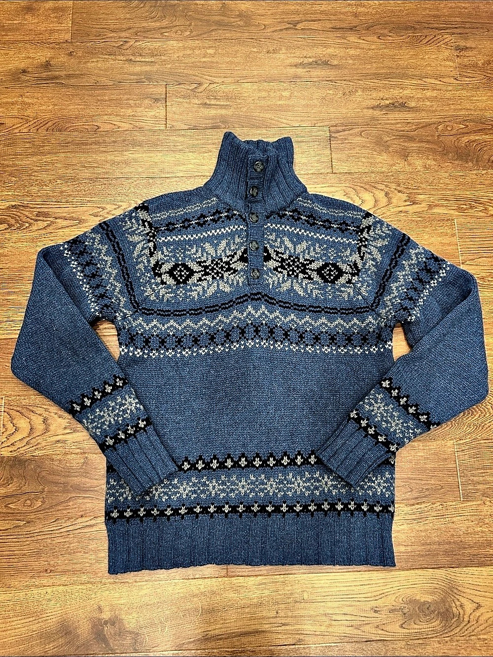 Timberland Stratham Issue Button Up Mock Neck Fairisle Lambswool Blend Sweater M